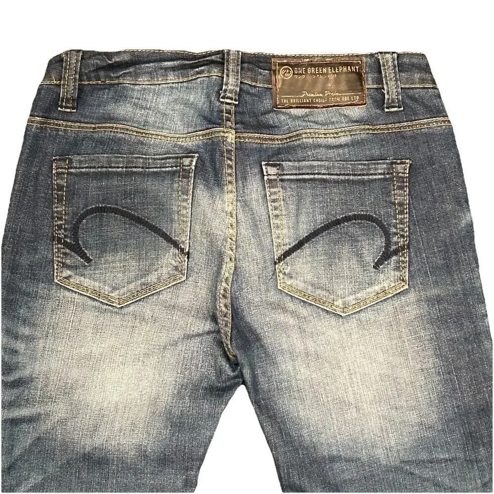 One Green Elephant Kosai Slim Jeans Women's Medium 30x32 Distressed Whiskering